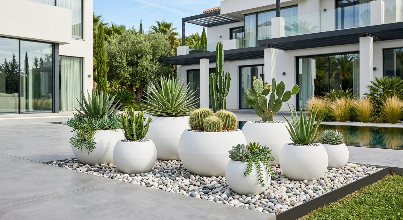 Minimalist white spherical planters with cacti on gravel terrace